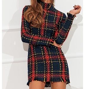 Plaid Tweed Mock Neck Mini Dress Balmain Inspired